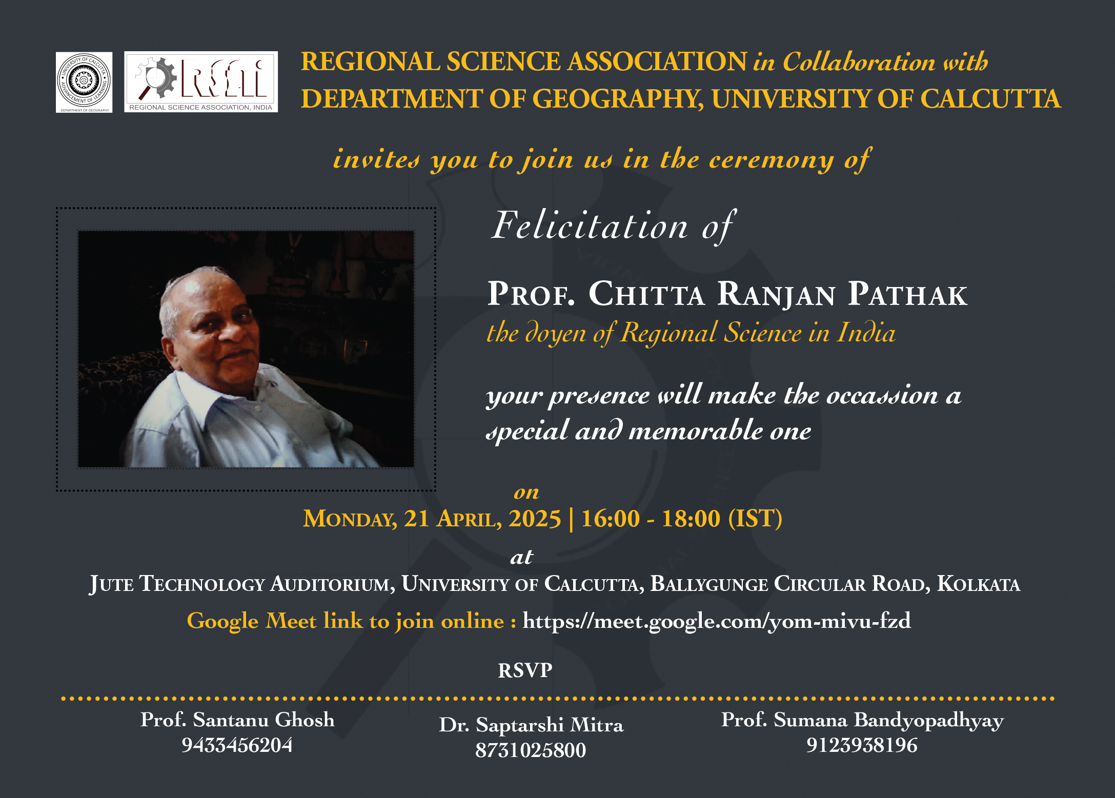 Invitation to Felicitation of Prof. C.R.Pathak
