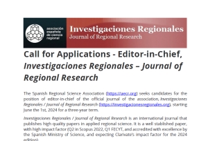 Call for Applications - Editor-in-Chief, Investigaciones Regionales - Journal of Regional Research