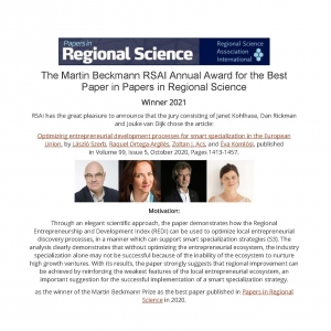 Winner 2021 - Martin Beckmann Annual Award for the best paper published in Papers in Regional Science in 2020