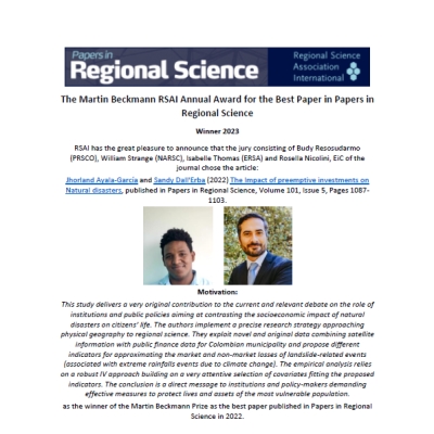 Winner 2023 - Martin Beckmann Annual Award for the best paper published in Papers in Regional Science in 2022