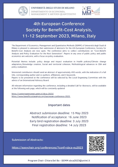 Call for Abstracts (extension of the deadline) | 4th European Conference Society for Benefit-Cost Analysis, 11-12 September 2023, Milano, Italy