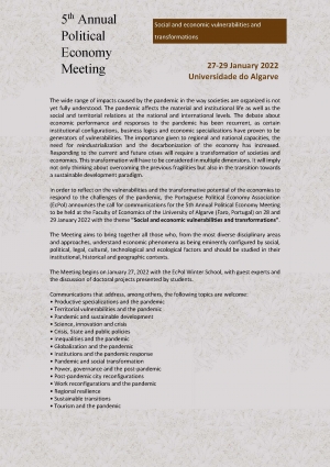 Political Economy will meet in the Algarve to debate social and economic vulnerabilities and transformations