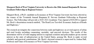 Margaret Bock of West Virginia University to Receive the 20th Annual Benjamin H. Stevens Graduate Fellowship in Regional Science
