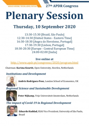 APDR2020 | Plenary Session, Thursday, 10 September 2020, live online with Andrés Rodríguez-Pose, Peter NIjkamp and Eduardo Haddad
