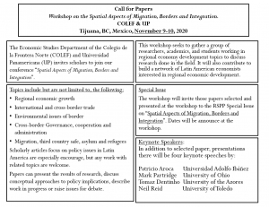 Call for Papers | Workshop on the Spatial Aspects of Migration, Borders and Integration, COLEF &amp; UP, Tijuana, BC, Mexico, November 9-10, 2020
