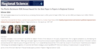 Winner 2024 - Martin Beckmann Annual Award for the best paper published in Papers in Regional Science in 2023