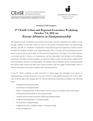 Call for papers: 5th CEnSE Urban and Regional Economics Workshop, October 2021, Sweden