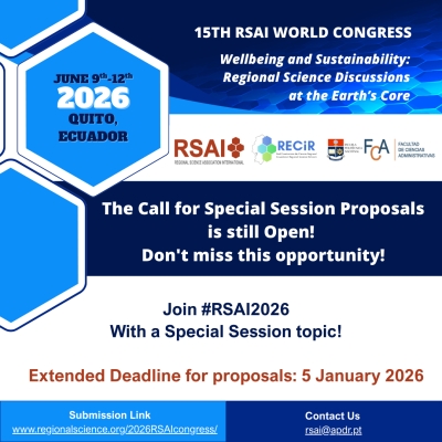 Submission deadline extended to January 5, 2026, for the Special Session Proposals for the 2026 RSAI World Congress!