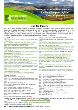 Portuguese Section: Call for papers - Extended Deadline: 2021 APDR Congress,16-17 September 2021, UTAD, Vila Real
