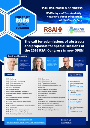 The call for submissions of abstracts and proposals for special sessions for the 2026 RSAI Congress is now OPEN!