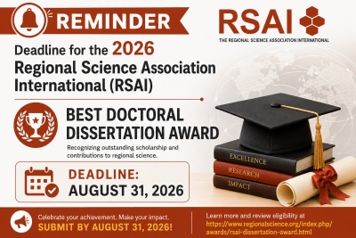 REMINDER | Deadline for the 2026 RSAI Best Doctoral Dissertation Award is approaching (August 31, 2026)