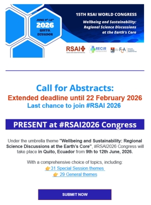 Abstracts Submission deadline extended to February 22, 2026, for the 2026 RSAI World Congress!